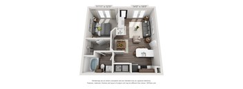 A 3D floor plan of a small apartment with a kitchen, living room, and bathroom.
