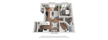 A 3D floor plan of a small apartment with a living room, kitchen, and bedroom.