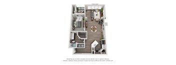 A 3D floor plan of a small apartment with a kitchen, living room, and bathroom.