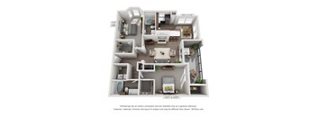 A 3D floor plan of a small apartment with a kitchen, living room, and bedrooms.