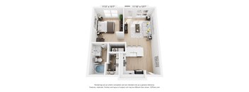 A floor plan of a small apartment with a kitchen, living room, and two bedrooms.