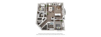 A 3D floor plan of a small apartment with a kitchen, living room, and bedroom.