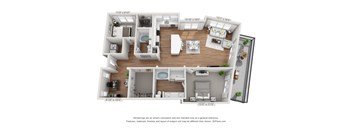 A 3D floor plan of a house with labeled dimensions.