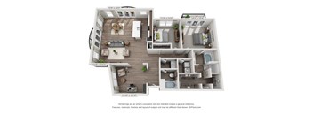 A 3D floor plan of a two-bedroom apartment with a living room, kitchen, and bathroom.