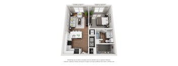 A floor plan of a two-bedroom apartment with a living room, kitchen, and bathroom.