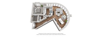 a stylized circle shaped floor plan with a bedroom and living room