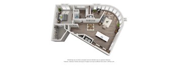 a stylized floor plan with a bedroom and a living room