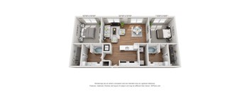 A 3D floor plan of a house with a kitchen, living room, and two bedrooms.