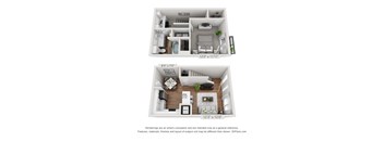 Two images of a small apartment layout with dimensions.