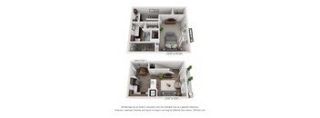 A floor plan of a small apartment with two bedrooms and a living area.