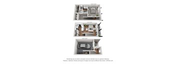 Three different floor plans of a small apartment.
