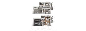 A 3D floor plan of a house with two bedrooms, a living room, a kitchen, and a garage.