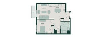 A floor plan of a house with a living room, kitchen, bedroom, and bathroom.