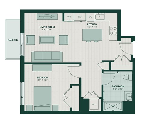A floor plan of a house with a living room, kitchen, bedroom, and bathroom.