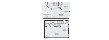 A floor plan of a two-story house with a master bedroom suite on the second floor and a first floor with a living room, dining room, kitchen, and laundry area.