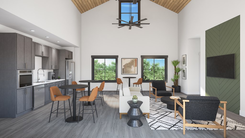 a rendering of a living room with a dining room and a kitchen