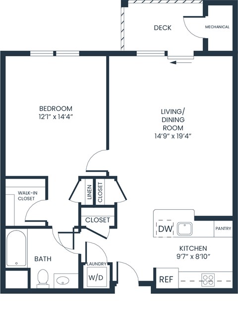 A floor plan of a house with a bedroom, living room, kitchen, and bathroom.