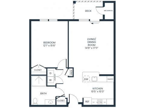 A floor plan of a house with a bedroom, bathroom, kitchen, living room, dining room, and a deck.