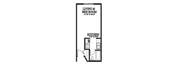 A floor plan of a small apartment with a living and bedroom area and a kitchen.