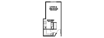 A floor plan of a small apartment with a living and bedroom area and a kitchen.