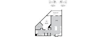 A floor plan of a two-story building with a living room, bedroom, and two balconies.