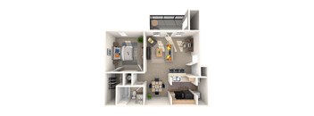 A 3D floor plan of a small apartment with a kitchen, living room, and bedroom.