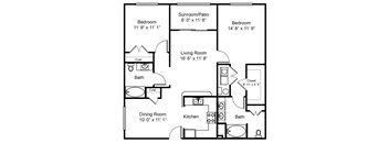 A black and white image of a floor plan for a house with a living room, two bedrooms, a bathroom, a kitchen, and a dining room.