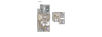 A Glenwood floor plan shows two bedrooms, a living room, a dining room, a kitchen, a pantry, and two garages.
