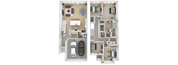 two views of a floor plan with two cars in a parking lot