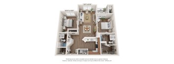 A 3D floor plan of a two-bedroom apartment with a living room, kitchen, and bathroom.