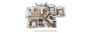 A 3D floor plan of a house with a living room, kitchen, dining room, and multiple bathrooms.