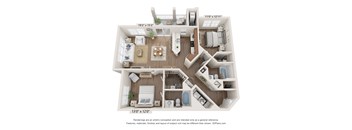 A 3D floor plan of a house with a living room, kitchen, and two bedrooms.