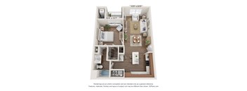 A 3D floor plan of a small apartment with a kitchen, living room, and two bedrooms.