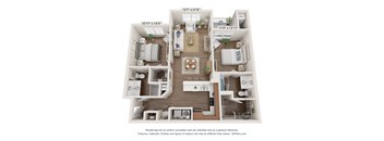 A floor plan of a two-bedroom apartment with a living room, kitchen, and bathroom.