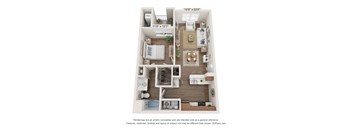A 3D floor plan of a small apartment with a kitchen, living room, and bedroom.