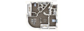 A 3D floor plan of a house with a kitchen, living room, and bedrooms.