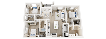 A top-down view of a small, neatly organized apartment.