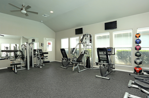 A spacious gym with a variety of equipment including a treadmill, a stationary bike, a rowing machine, a bench press, a squat rack, a leg press machine, a cable machine, a d