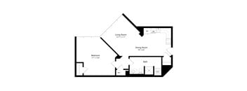 a floor plan of a 1 bedroom floor plan with a living room and dining room