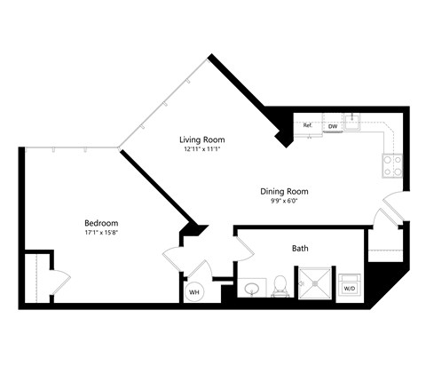 a floor plan of a 1 bedroom floor plan with a living room and dining room