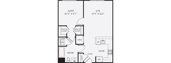 A black and white image of a floor plan for a home with a sleeping area, laundry area, bathroom, kitchen, and living area.