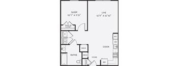 A black and white image of a floor plan for a home with a sleeping area, laundry area, bathroom, kitchen, and foyer.