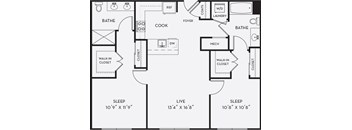 A floor plan of a home with two bedrooms, a living area, a kitchen, a bathroom, a laundry room, a coat closet, a walk-in closet, and a foyer.