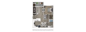 A floor plan of a house with a kitchen, living room, and bathrooms.