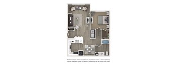 A floor plan of a house with a kitchen, living room, and bathrooms.