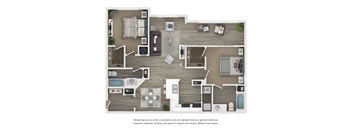 A floor plan of a house with a kitchen, living room, and bathrooms.