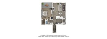A 3D floor plan of a house with a kitchen, living room, and bathroom.