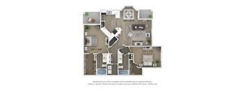 A floor plan of a house with a living room, kitchen, dining room, and bathrooms.