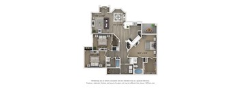 A 3D floor plan of a house with a kitchen, living room, and bathrooms.