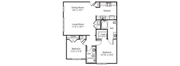 A floor plan of a small apartment with a living room, dining room, kitchen, and two bedrooms.
